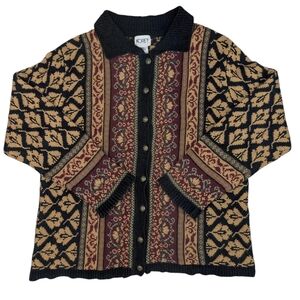 Vintage Koret boho mixed knit grandma cardigan sweater jacket. Medium
